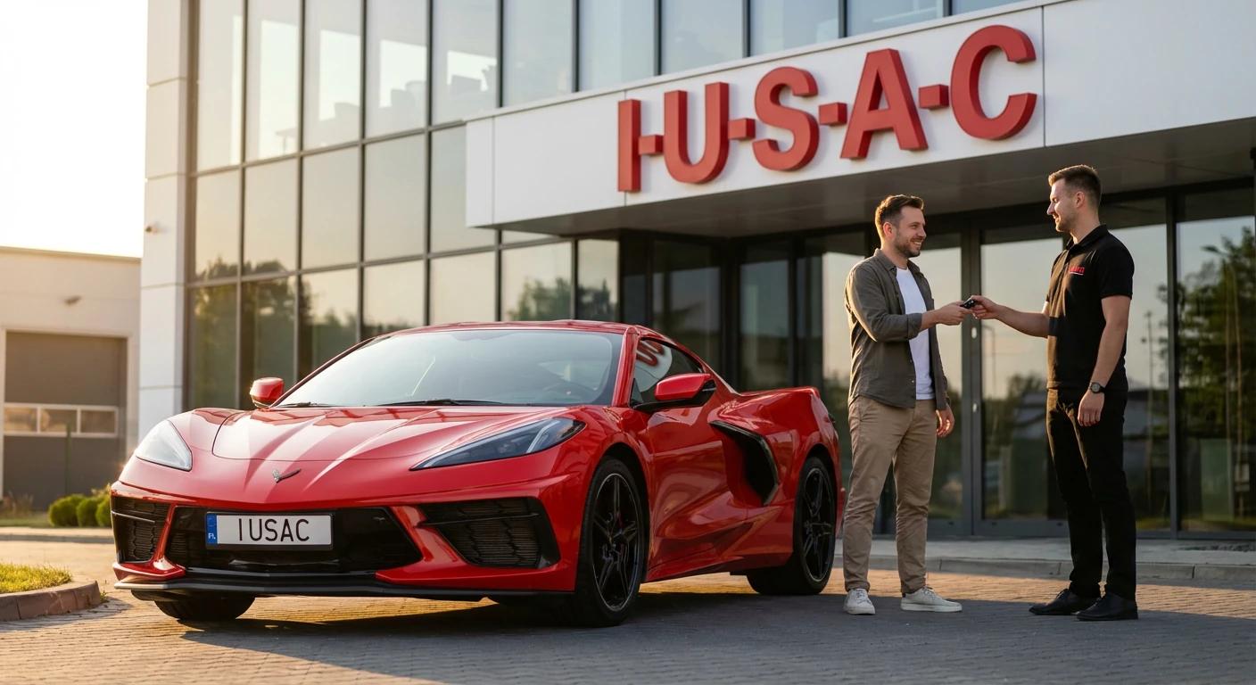 Zadowolony klient odbierający gotowe auto z USA od firmy IUSAC.