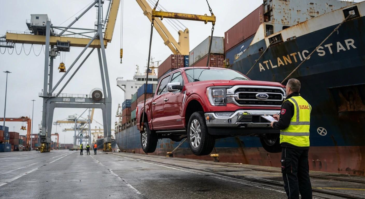 Rozładunek Ford F-150 2024 w porcie europejskim podczas importu aut z USA