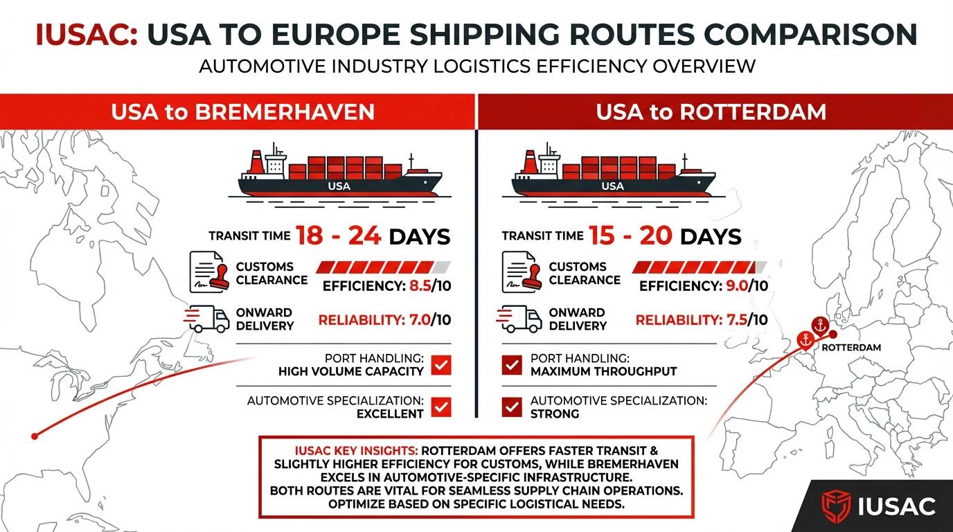 Infografika porównująca szlaki logistyczne porty USA Europa Bremerhaven i Rotterdam