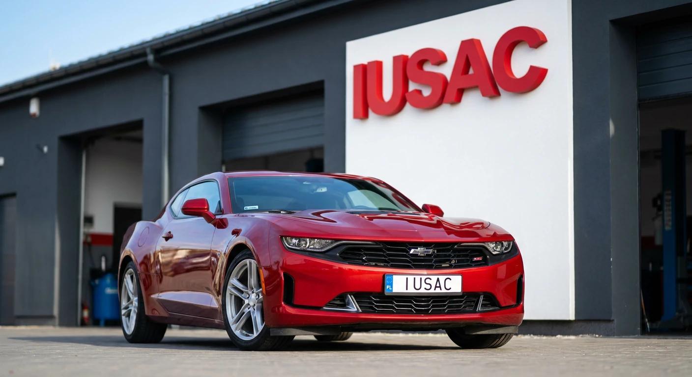 Czerwony Chevrolet Camaro SS 2023 sprowadzony z USA przed nowoczesnym warsztatem IUSAC