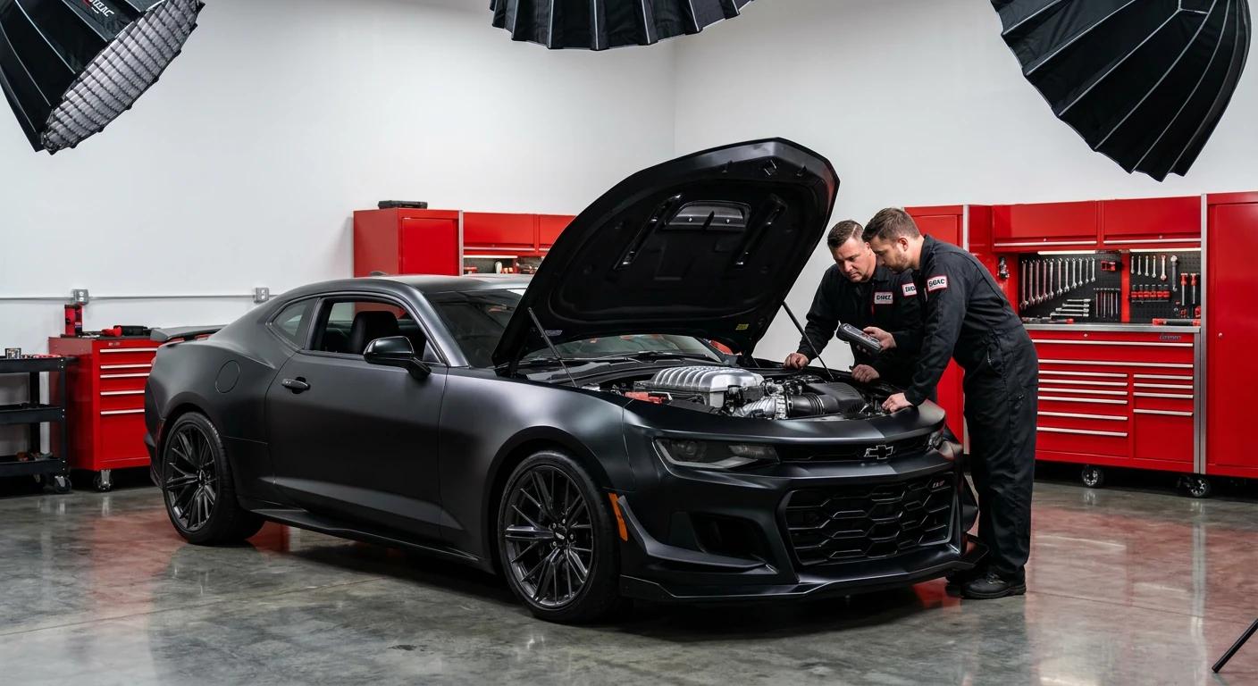 Mechanicy IUSAC weryfikujący potężny silnik V8 w sprowadzonym z USA Chevrolecie Camaro ZL1