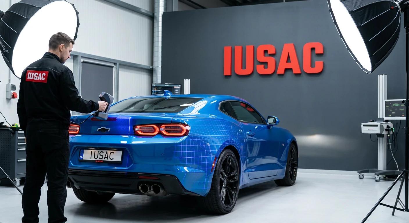 Technik IUSAC skanujący laserowo karoserię Chevroleta Camaro RS z USA w nowoczesnym warsztacie
