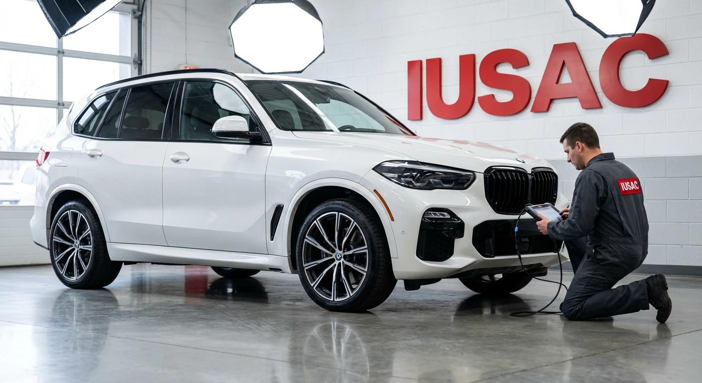 Mechanik IUSAC weryfikujący uszkodzenia BMW X5 G05 w nowoczesnym warsztacie samochodowym