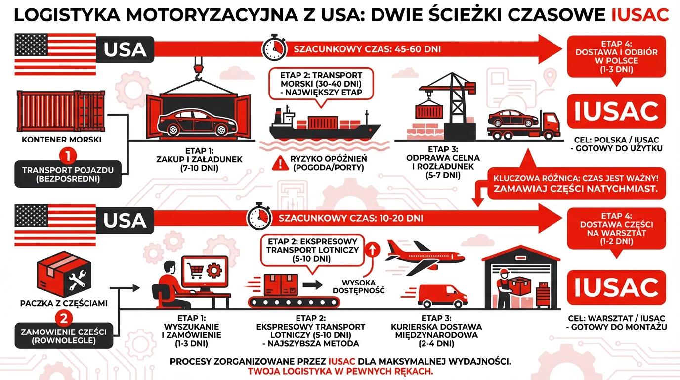 Schemat logistyczny IUSAC pokazujący równoległy transport auta z USA i zamawianie części