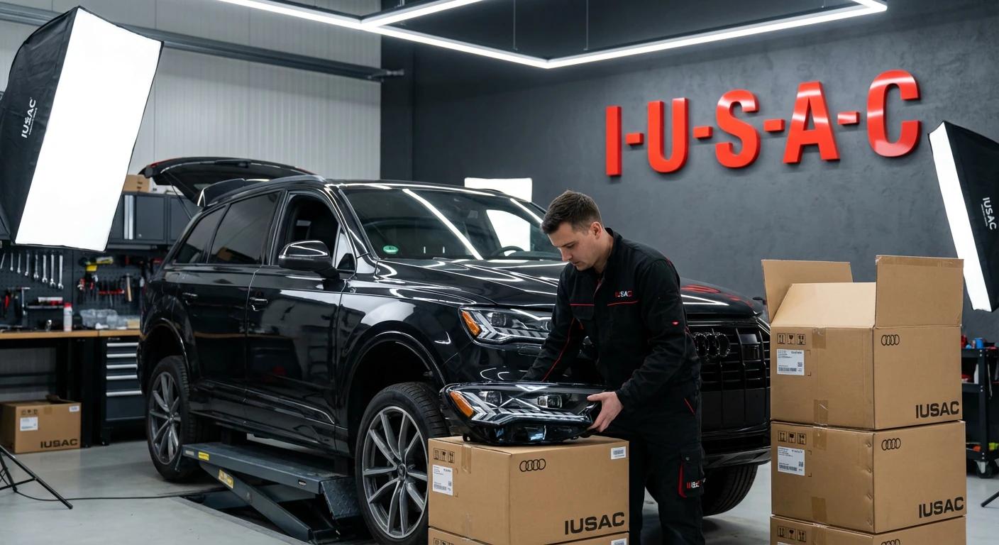 Technik IUSAC rozpakowujący nowe części do Audi Q7 z USA w magazynie serwisowym