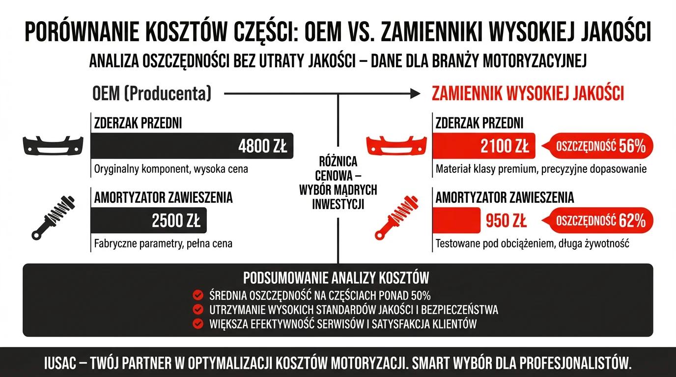 Wykres porównujący koszty oryginalnych części OEM i certyfikowanych zamienników w IUSAC