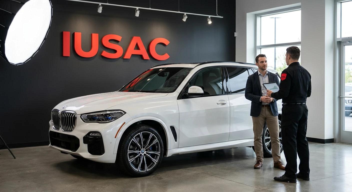 Doradca IUSAC prezentujący darmową wycenę sprowadzenia BMW X5 z USA na tablecie w nowoczesnym biurze