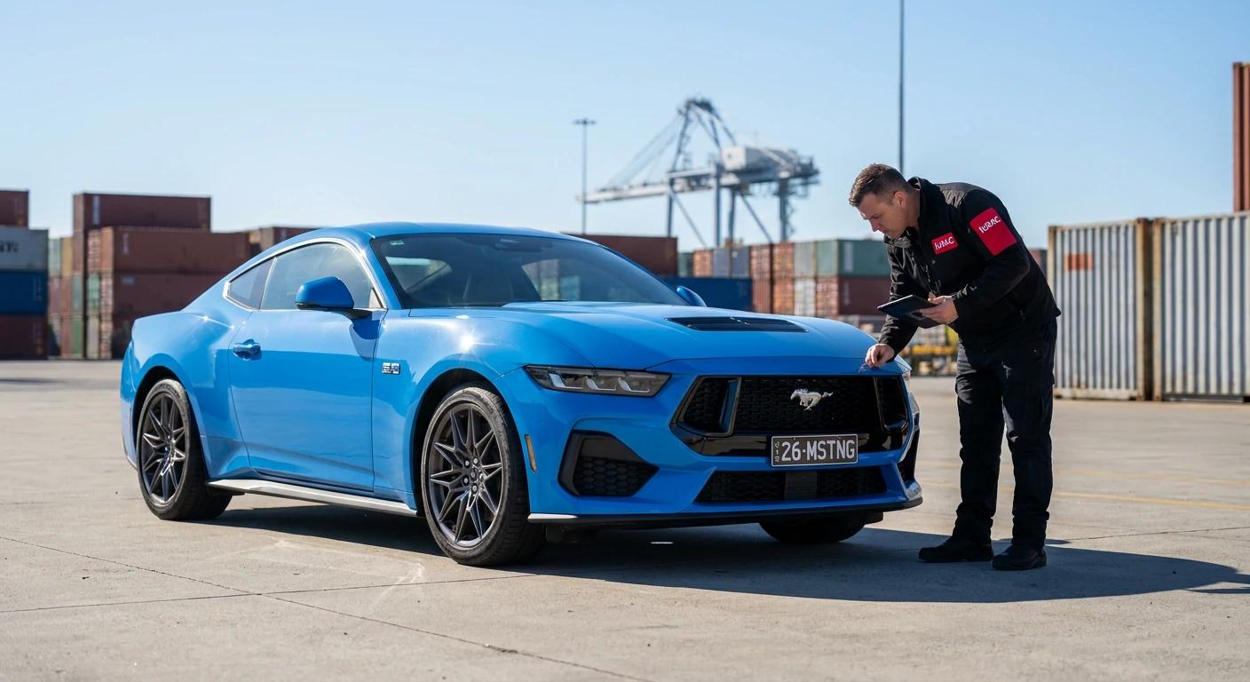 Inspektor logistyczny IUSAC sprawdzający Forda Mustanga S650 po rozładunku w porcie europejskim