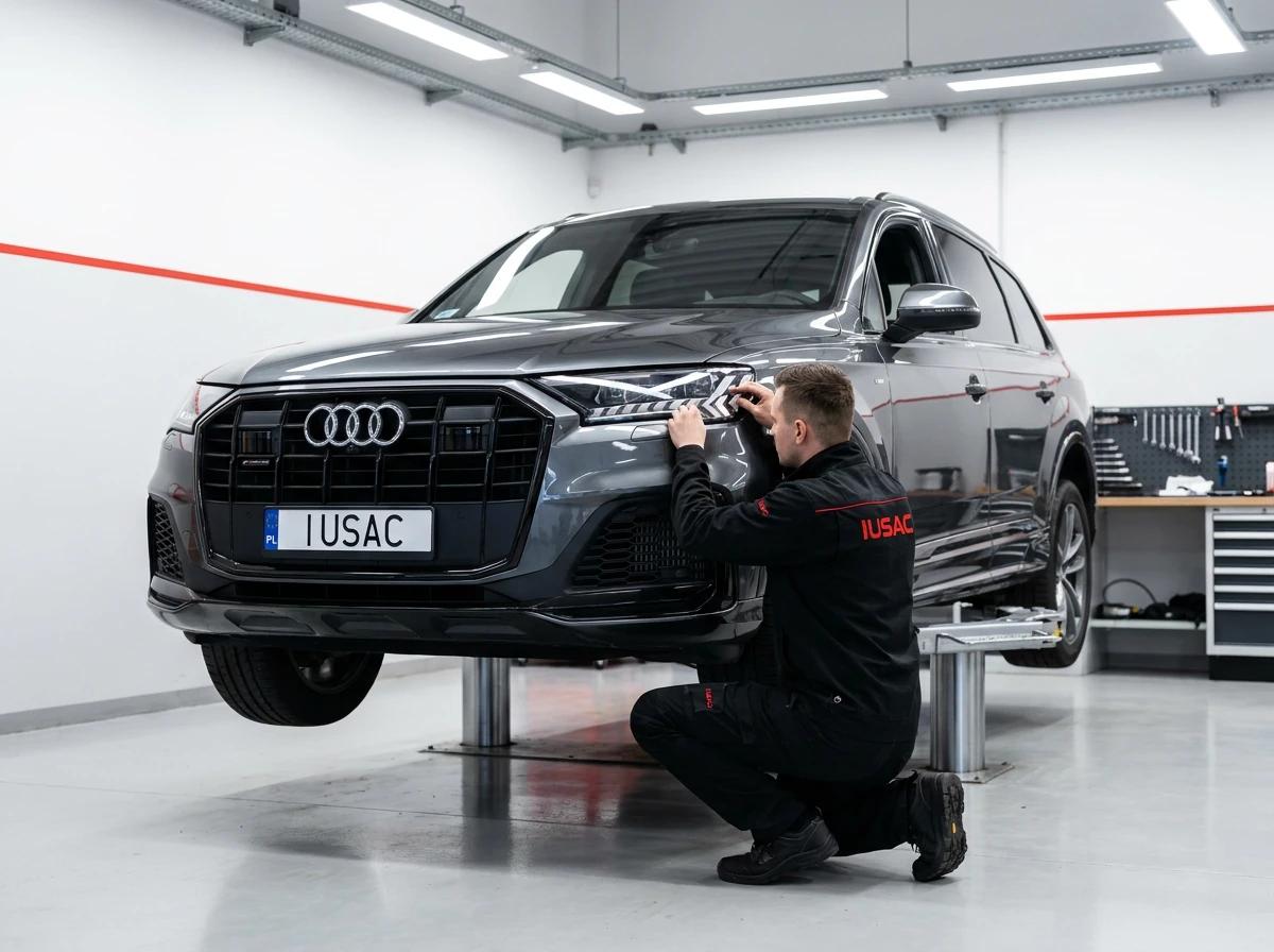 Mechanik IUSAC dokonujący homologacji lamp w Audi Q7 w profesjonalnym serwisie samochodowym
