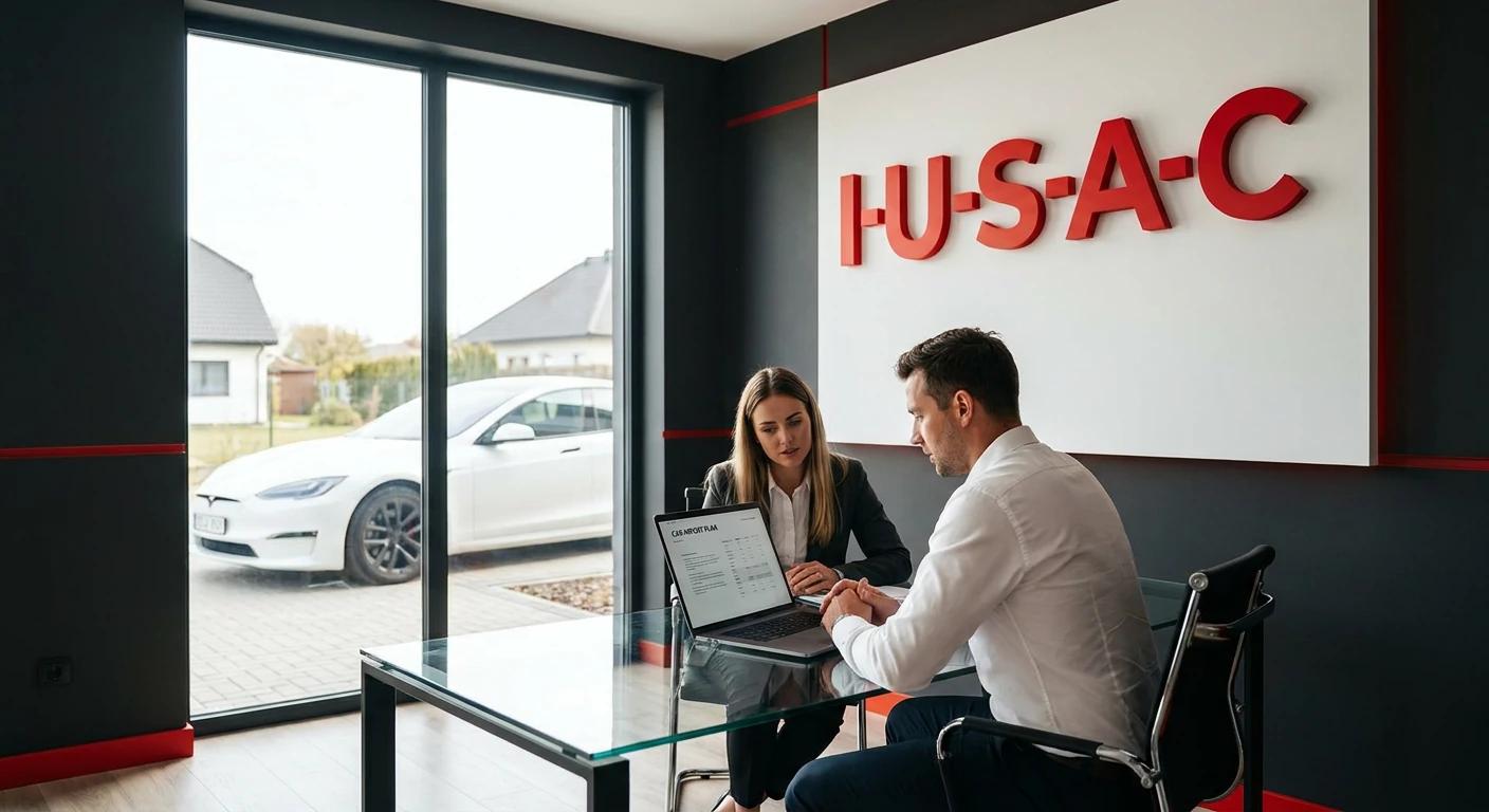 Dedykowany opiekun klienta IUSAC podczas konsultacji z klientem w nowoczesnym biurze, planujący bezpieczny import aut z USA.