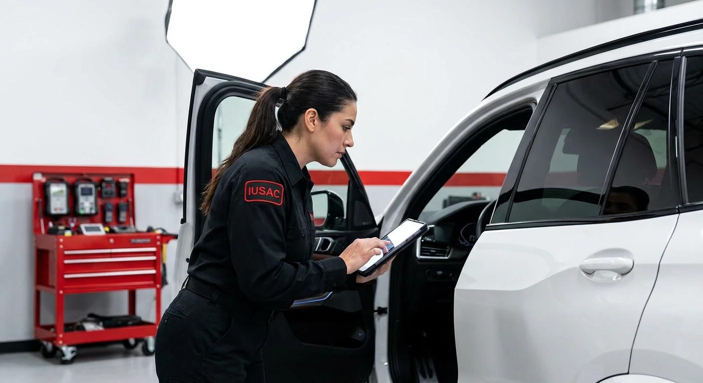 Opiekun klienta nadzorujący proces naprawy BMW X5 G05 w profesjonalnym serwisie IUSAC, gwarantując pomoc w imporcie aut.