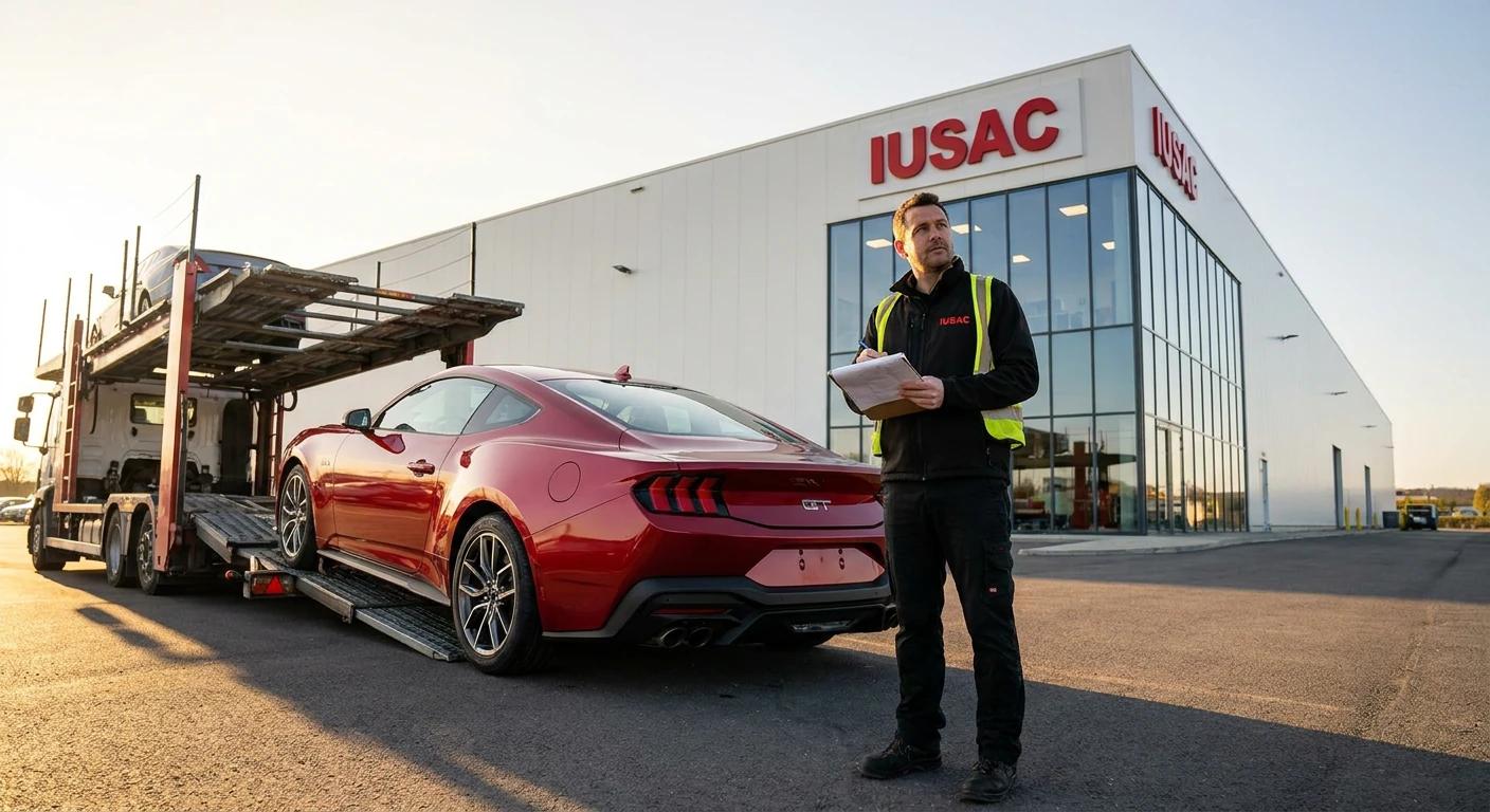 Bezpieczny import aut z USA: Ford Mustang S650 dostarczony do siedziby IUSAC po udanym transporcie.