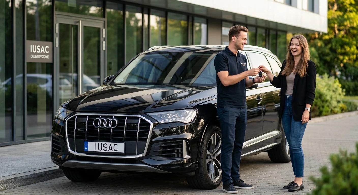 Wydanie gotowego Audi Q7 klientowi przez dedykowanego opiekuna IUSAC, podsumowujące najwyższą jakość obsługi klienta.
