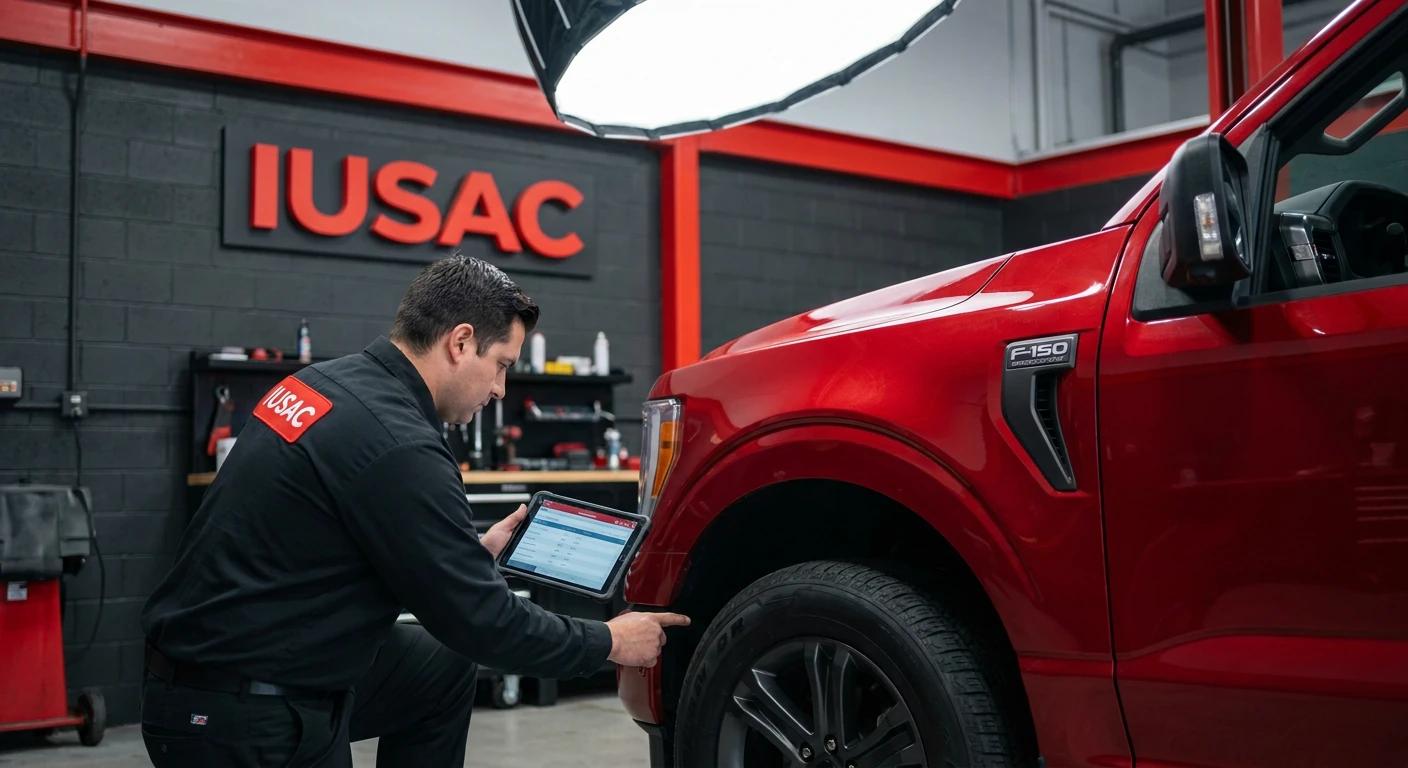 Technik IUSAC weryfikujący historię pojazdu USA przy Fordzie F-150.