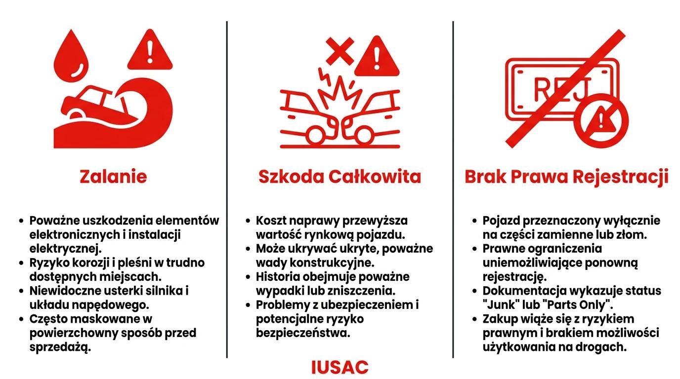 Infografika IUSAC przedstawiająca czerwone flagi i ryzyka w historii pojazdu z USA.