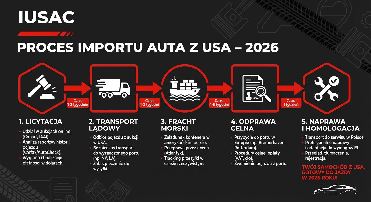Infografika przedstawiająca 5 kroków bezpiecznego importu aut z USA realizowanych przez IUSAC