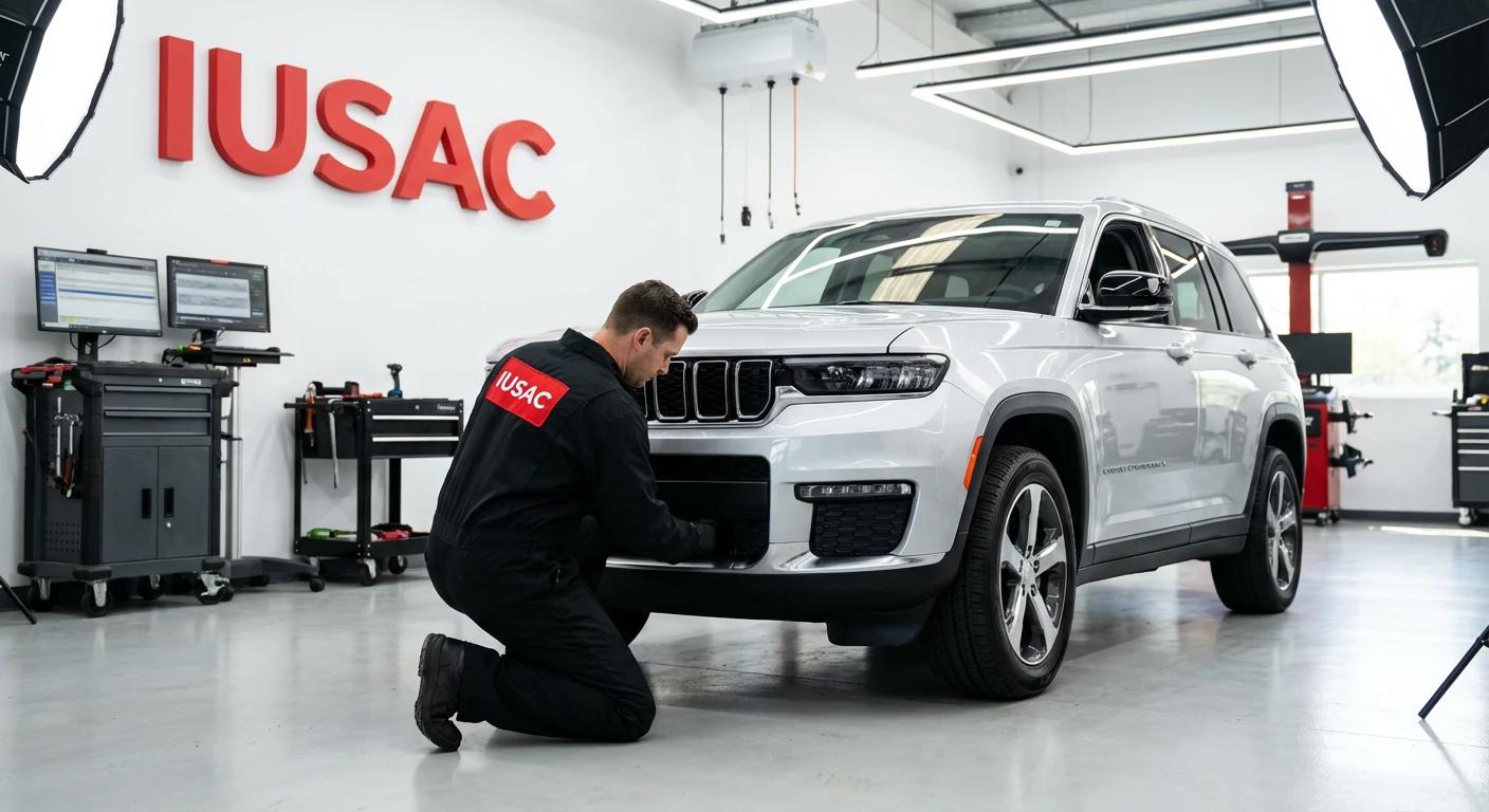 Mechanik IUSAC naprawiający Jeep Grand Cherokee L 2023 w nowoczesnym warsztacie blacharskim