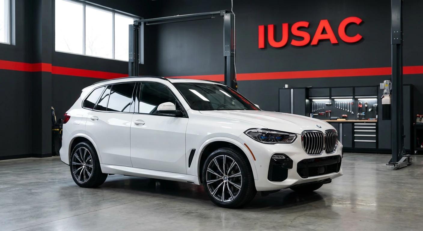 Białe BMW X5 G05 w nowoczesnym warsztacie IUSAC, symbolizujące bezpieczny import aut z USA.