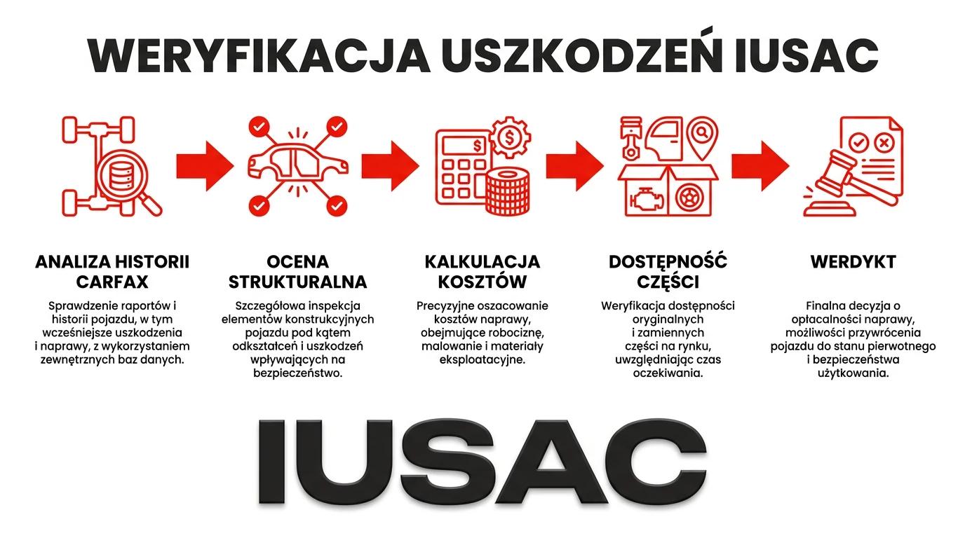 Infografika przedstawiająca 5-etapowy proces weryfikacji uszkodzeń IUSAC przed licytacją w USA.