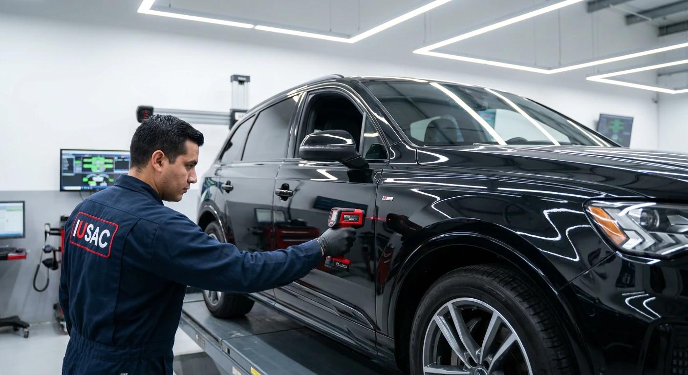 Technik IUSAC przeprowadzający rygorystyczną weryfikację uszkodzeń strukturalnych w Audi Q7.