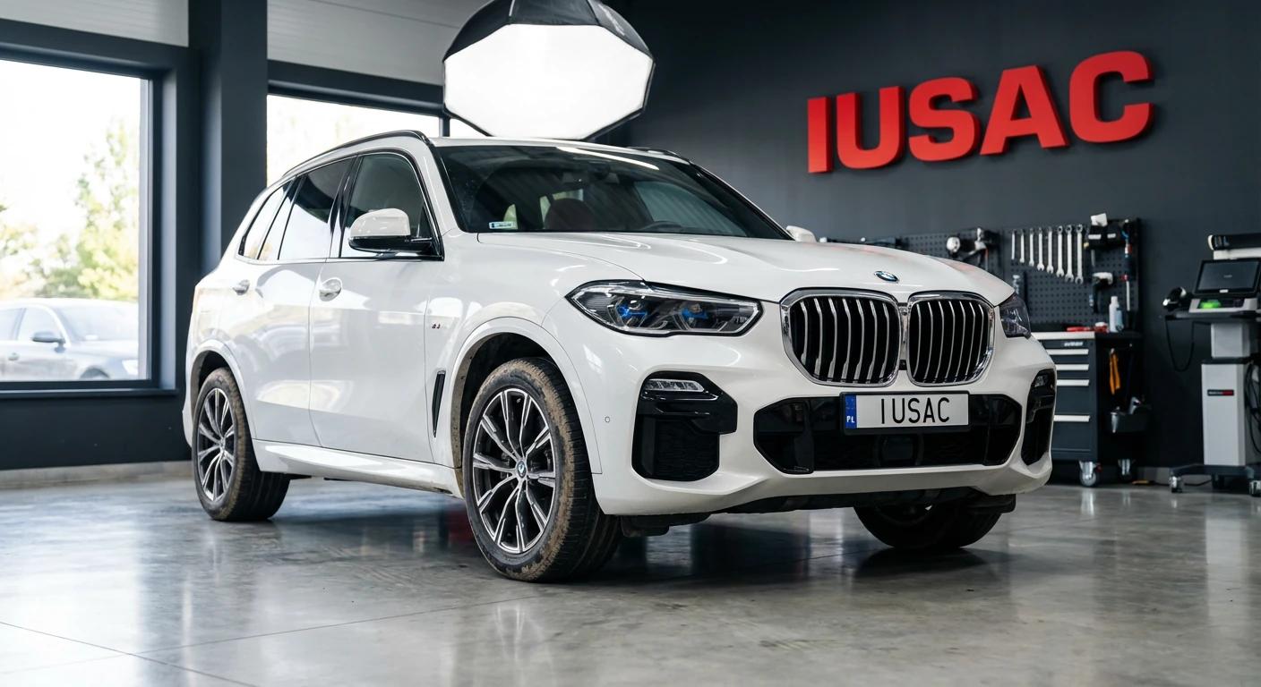 Luksusowe BMW X5 z katalogu aut z USA IUSAC gotowe do odbioru w profesjonalnym warsztacie.