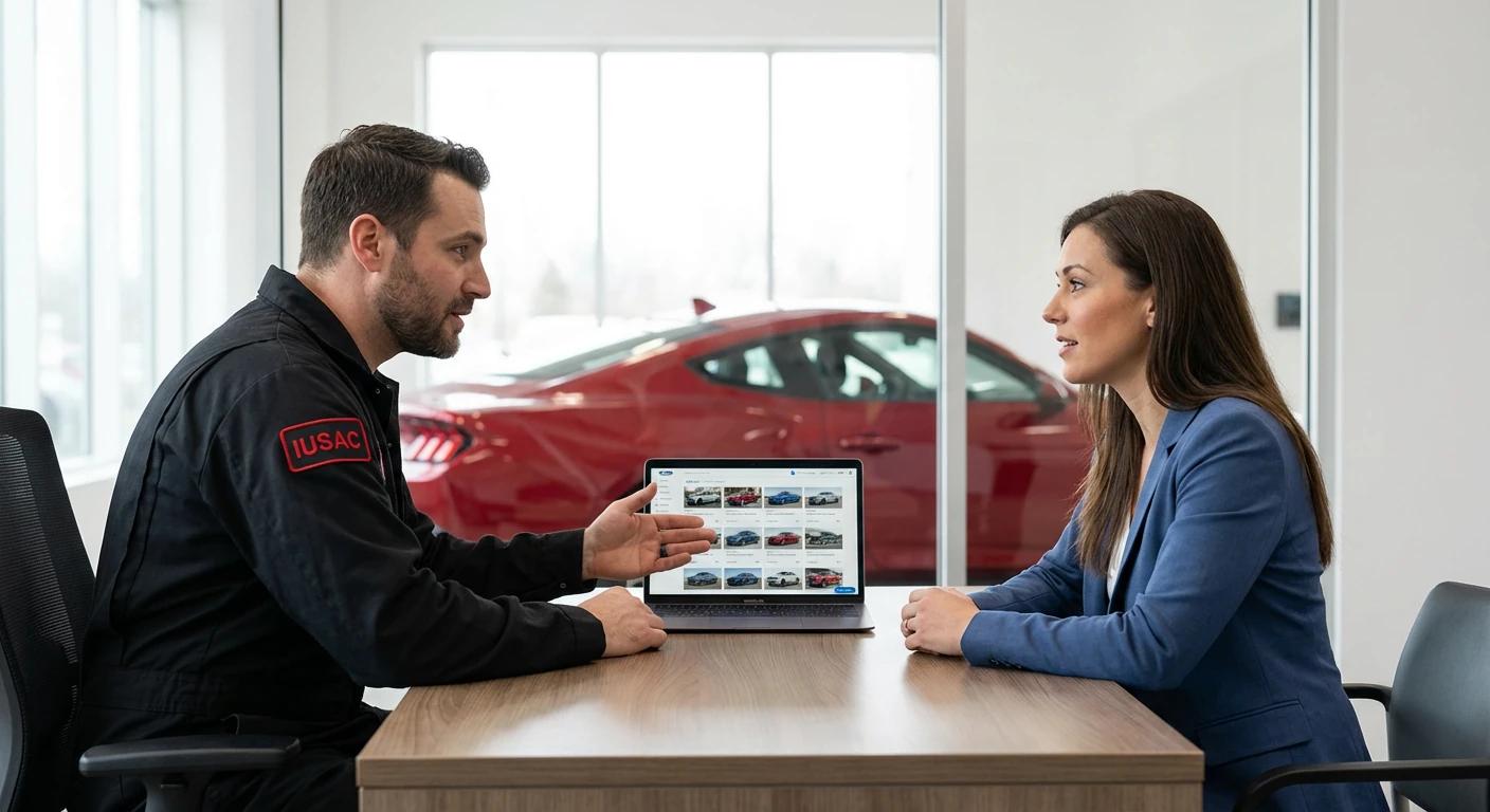 Doradca IUSAC prezentujący licytacje USA i okazje z Ameryki klientowi w nowoczesnym biurze.