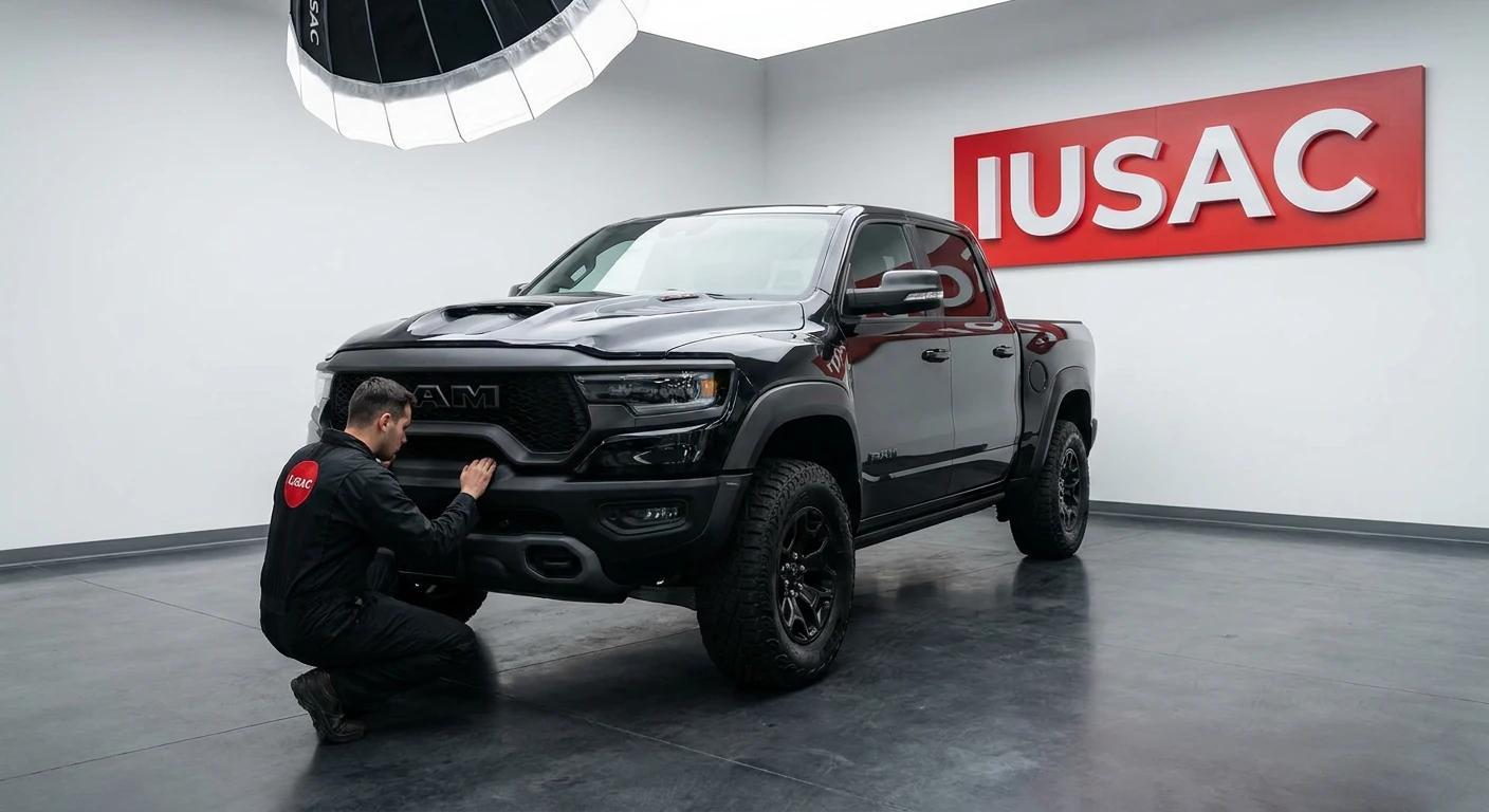Potężny Dodge RAM 1500 TRX w nowoczesnym warsztacie IUSAC przygotowywany do naprawy.