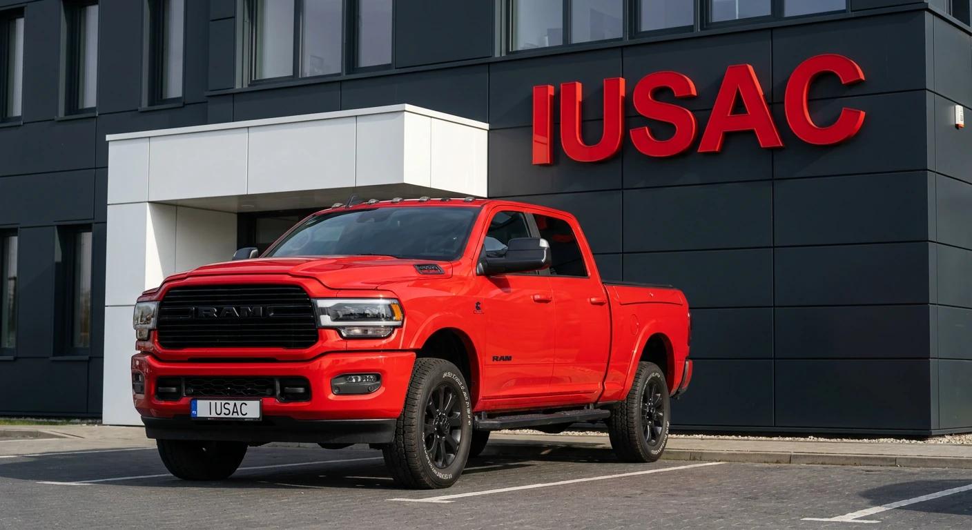 Zarejestrowany w Polsce Dodge RAM 2500 przed siedzibą firmy IUSAC po udanym imporcie.