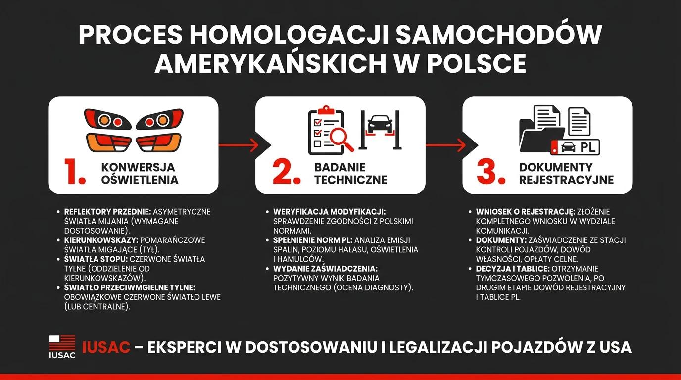 Schemat procesu homologacji i rejestracji amerykańskiego pickupa w Polsce przez IUSAC.