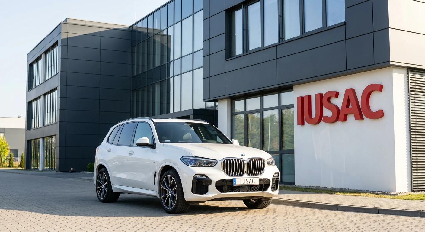 Białe BMW X5 G05 zaparkowane przed biurem IUSAC - profesjonalna obsługa i dokument odprawy celnej samochodu z USA.