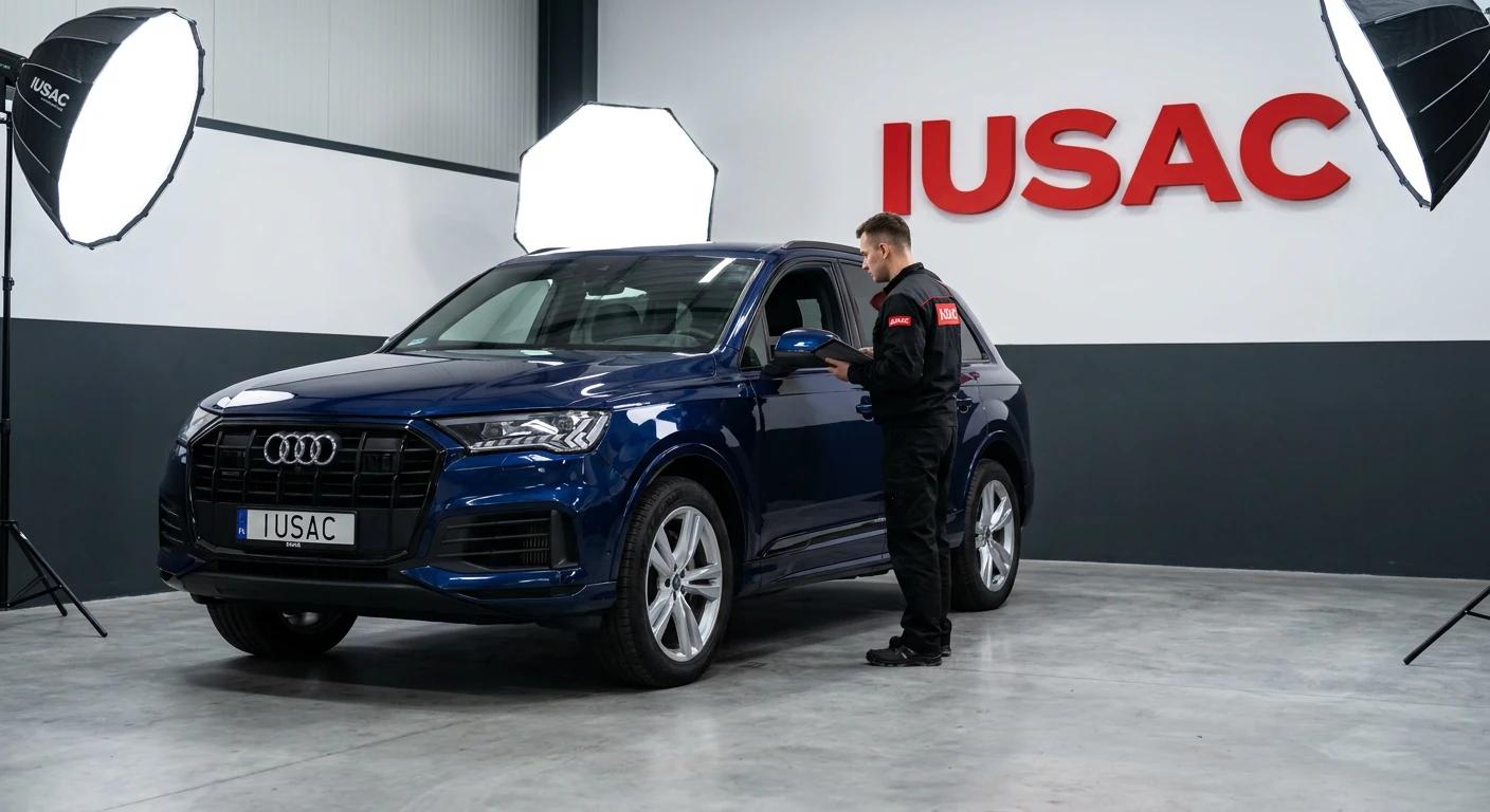 Technik agencji IUSAC weryfikujący dokument odprawy celnej samochodu przy Audi Q7 4M w warsztacie.