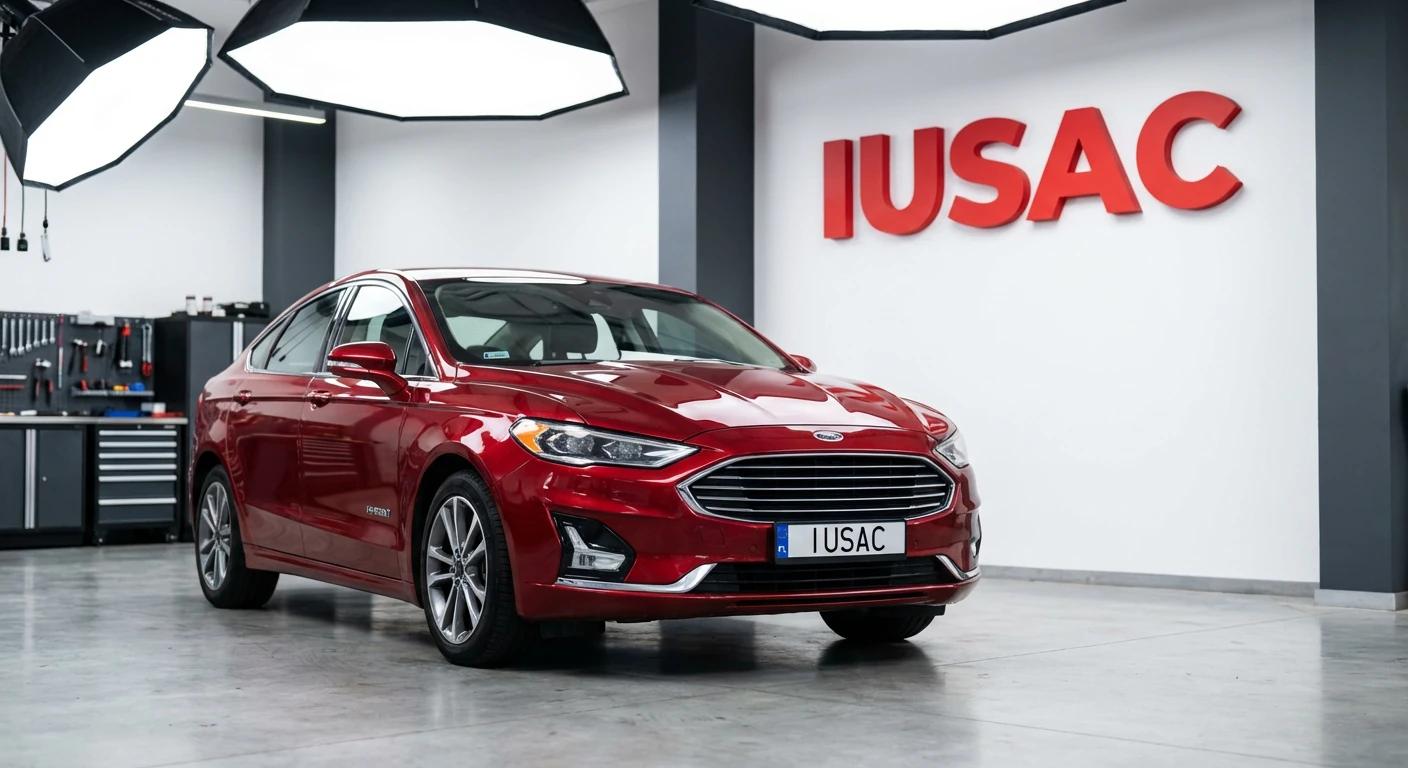 Czerwony Ford Fusion Hybrid 2020 w nowoczesnym warsztacie IUSAC. Poznaj ford fusion hybrid usa różnice.
