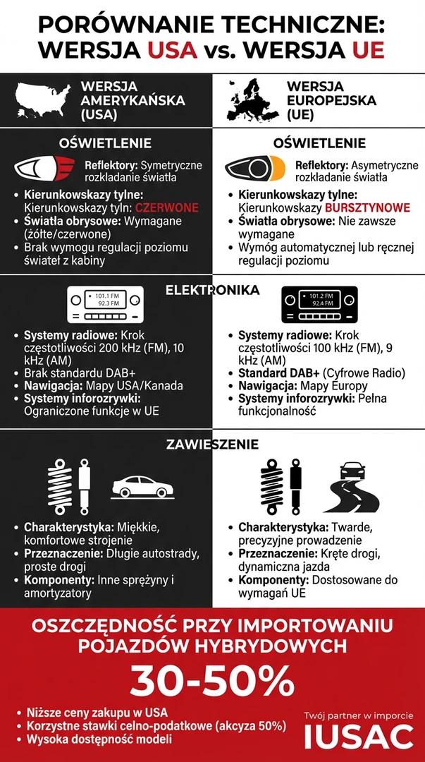 Infografika IUSAC: ford fusion hybrid usa różnice w oświetleniu i zawieszeniu w 2026 roku.