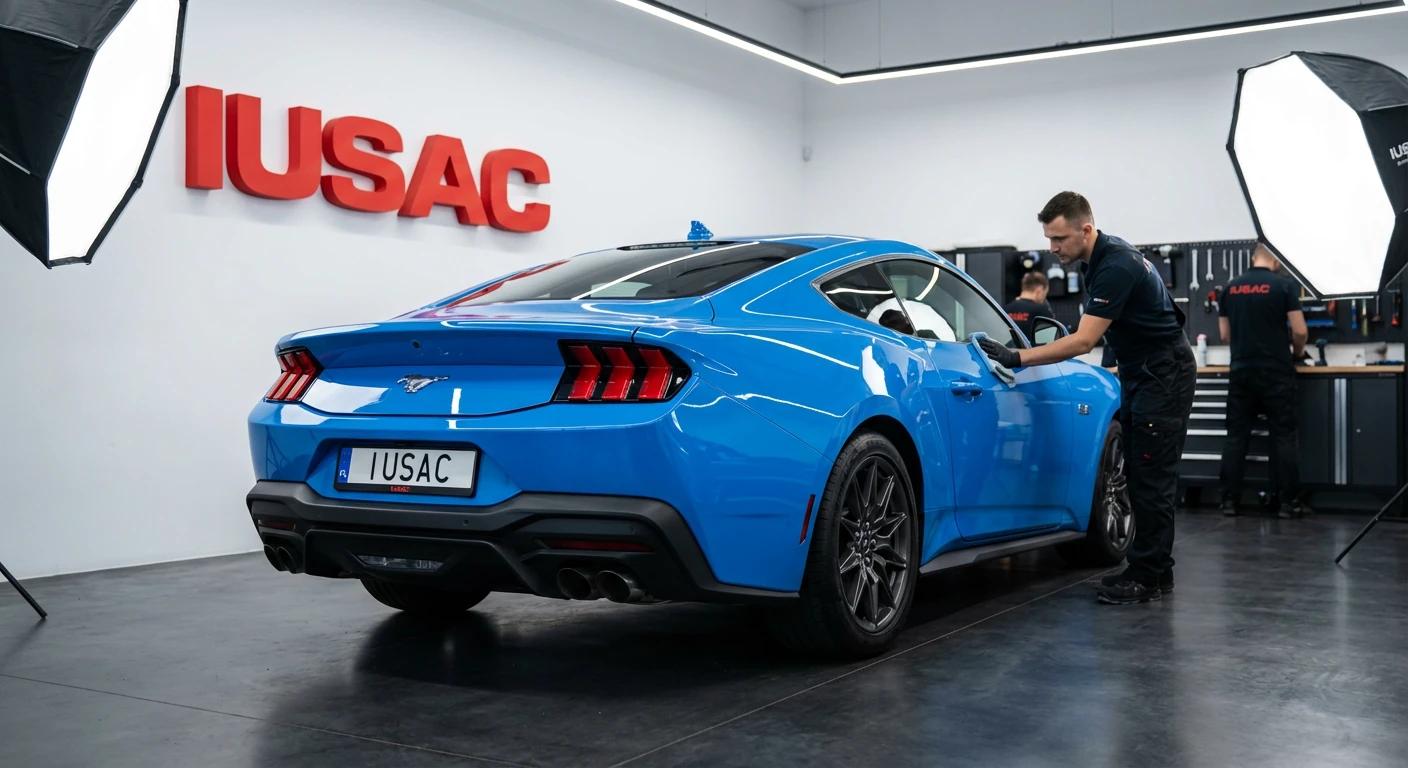 Niebieski Ford Mustang S650 po naprawie w serwisie IUSAC. Sprowadzanie aut z Ameryki.