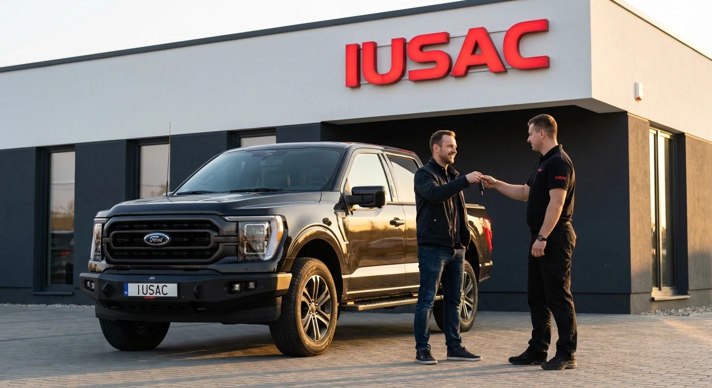 Wydanie Forda F-150 klientowi przed biurem IUSAC. Bezpieczny import samochodów z USA.