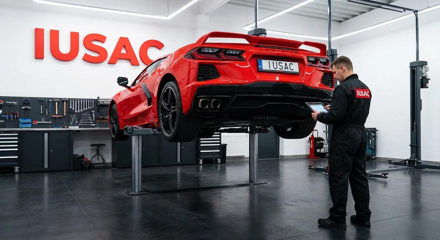 Mechanik IUSAC dokonujący oględzin Chevrolet Corvette C8 do wyceny rzeczoznawcy przed opłaceniem akcyzy.