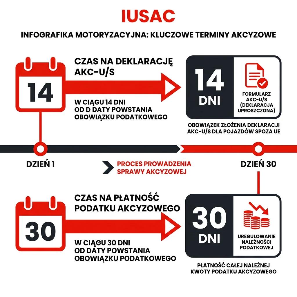 Oś czasu IUSAC pokazująca terminy 14 i 30 dni na to, gdzie i kiedy zapłacić akcyzę za samochód z USA.
