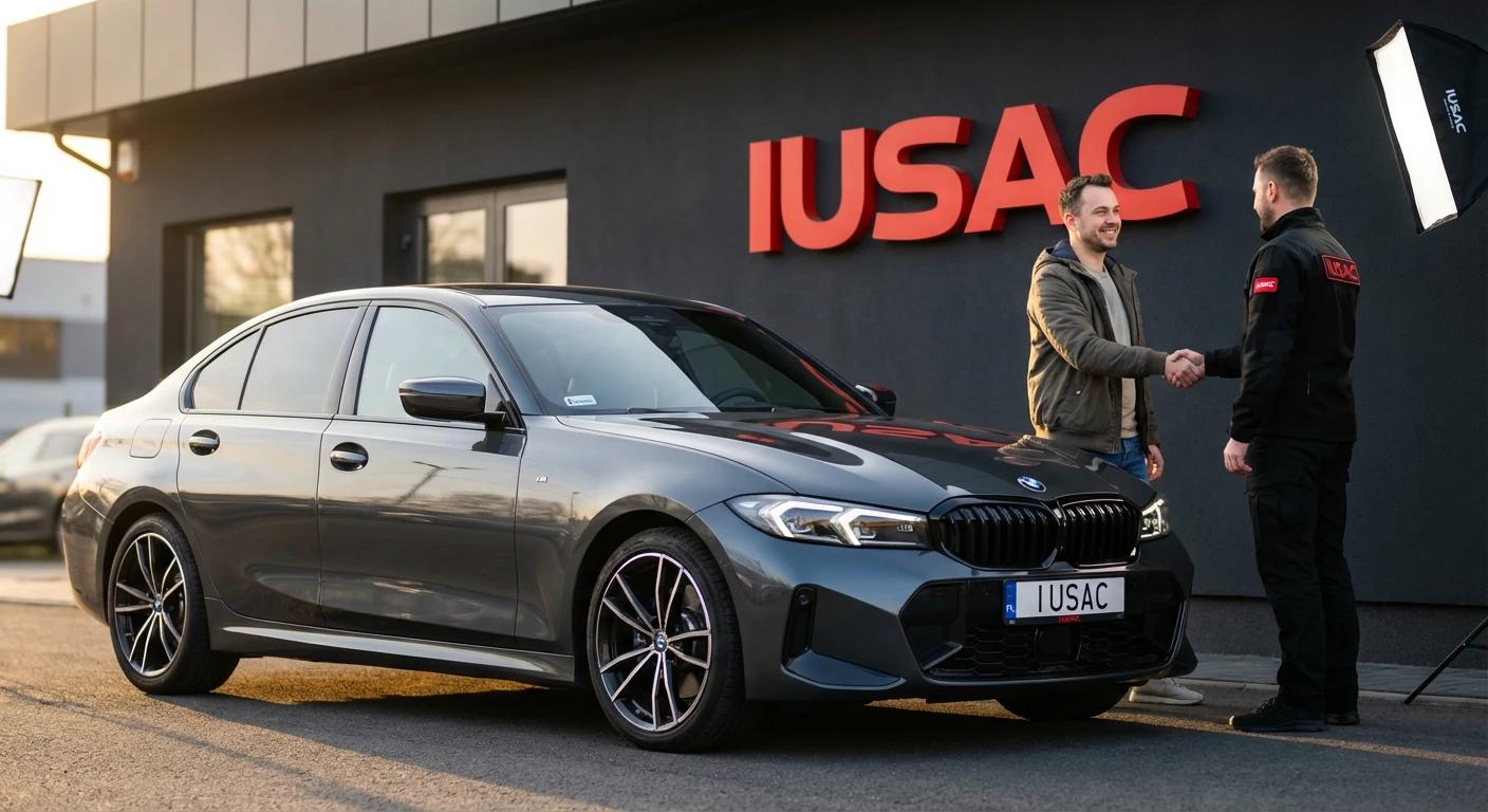 Przekazanie gotowego BMW Serii 3 z USA klientowi przed siedzibą firmy IUSAC.