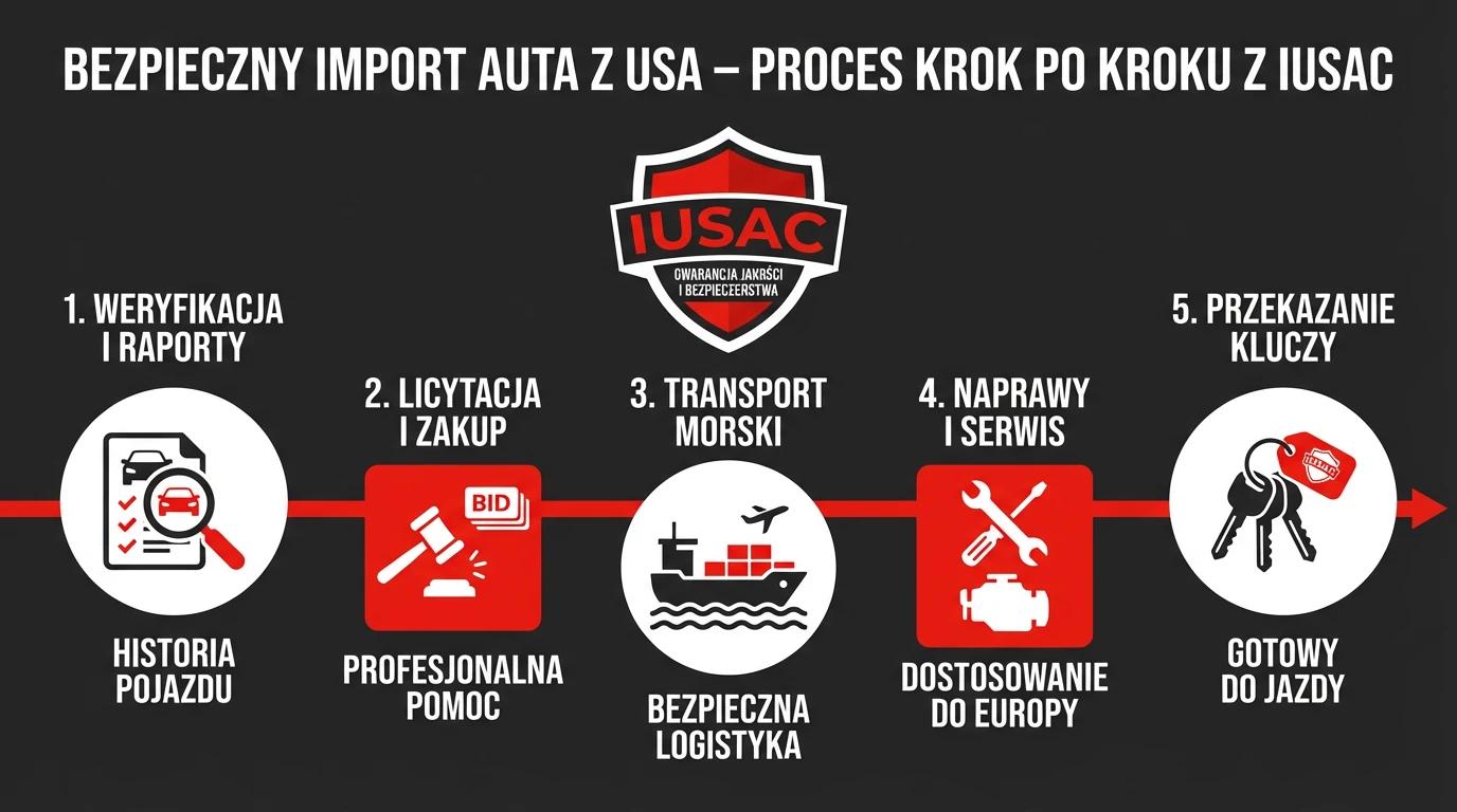 Infografika przedstawiająca bezpieczny import aut z USA przez firmę IUSAC krok po kroku.