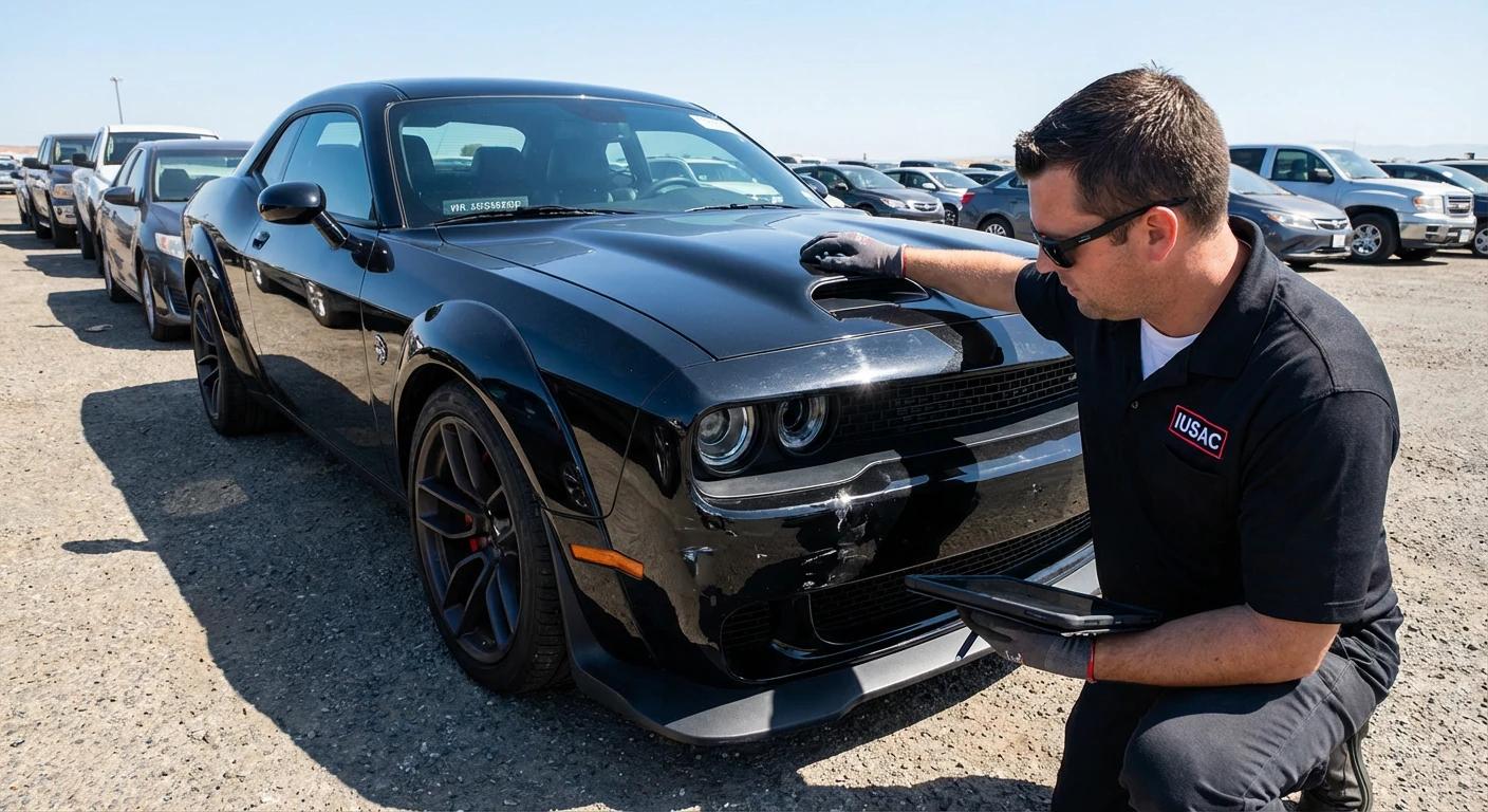 Inspektor IUSAC weryfikujący stan Dodge Challenger 2023 na placu aukcyjnym w USA.