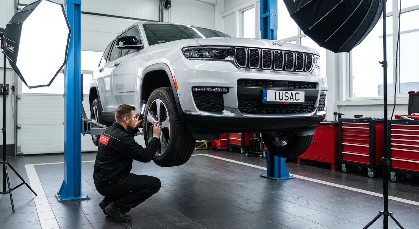 Mechanik IUSAC dokonujący przeglądu Jeep Grand Cherokee 2024 w profesjonalnym warsztacie w Polsce.