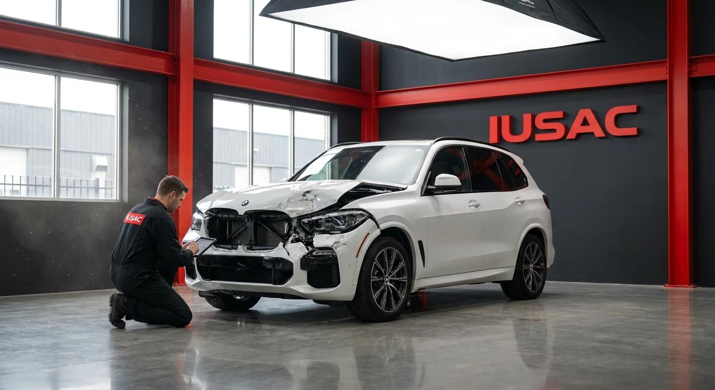 Technik IUSAC wyceniający uszkodzenia BMW X5 2024 przed naprawą w nowoczesnym warsztacie blacharskim.