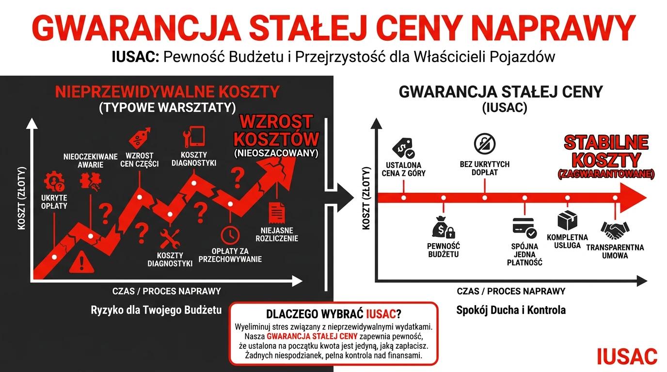Infografika porównująca zmienne koszty naprawy aut z USA z gwarancją stałej ceny w IUSAC.