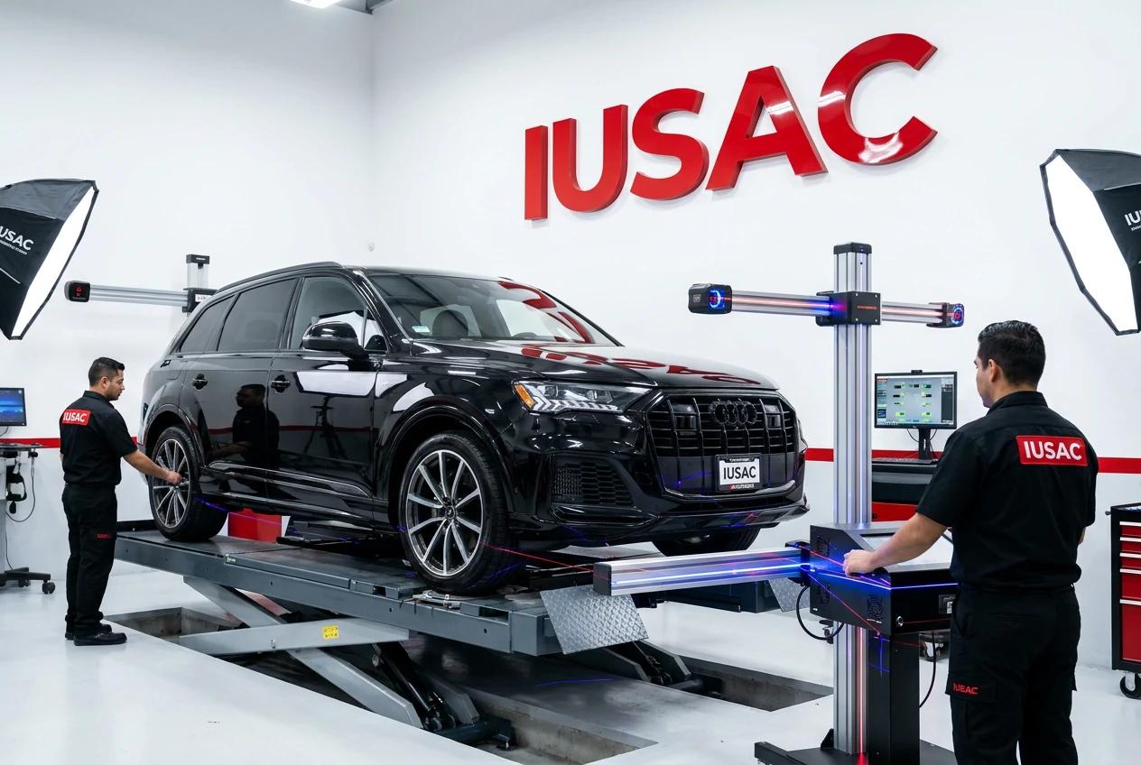 Eksperci IUSAC dokonujący laserowego pomiaru ramy Audi Q7 2023 w celu weryfikacji kosztów naprawy.