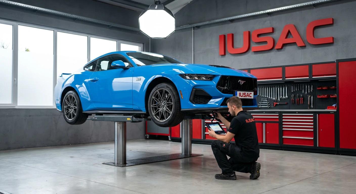 Diagnostyka komputerowa i kodowanie elektroniki w Ford Mustang 2024 na stanowisku serwisowym IUSAC.