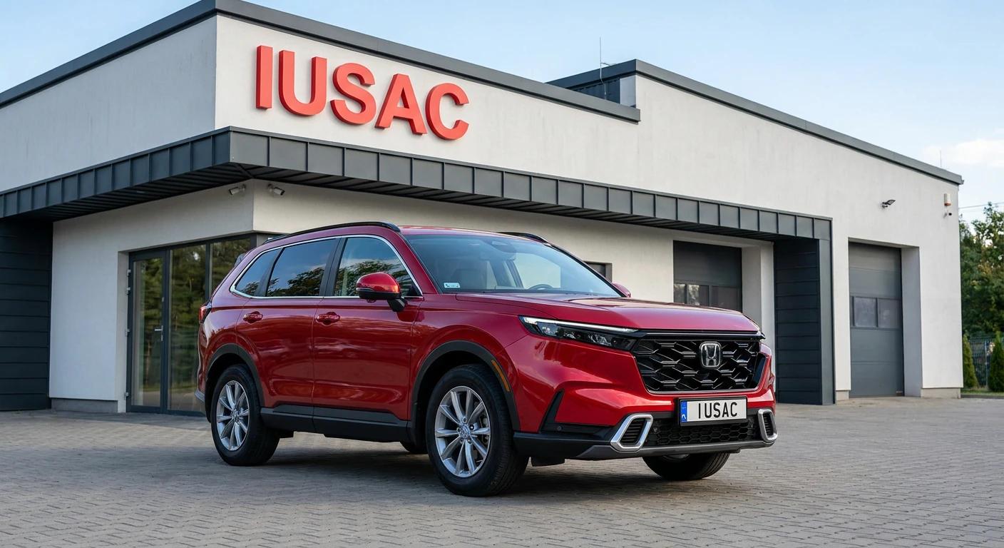 Czerwona Honda CR-V 2025 z USA zaparkowana przed nowoczesnym serwisem IUSAC