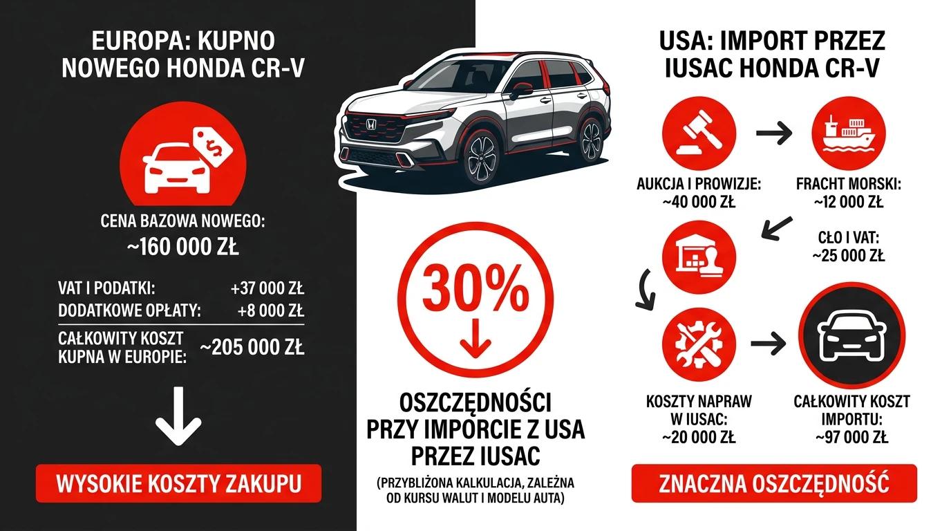 Infografika IUSAC przedstawiająca koszty i oszczędności przy imporcie Hondy CR-V z USA