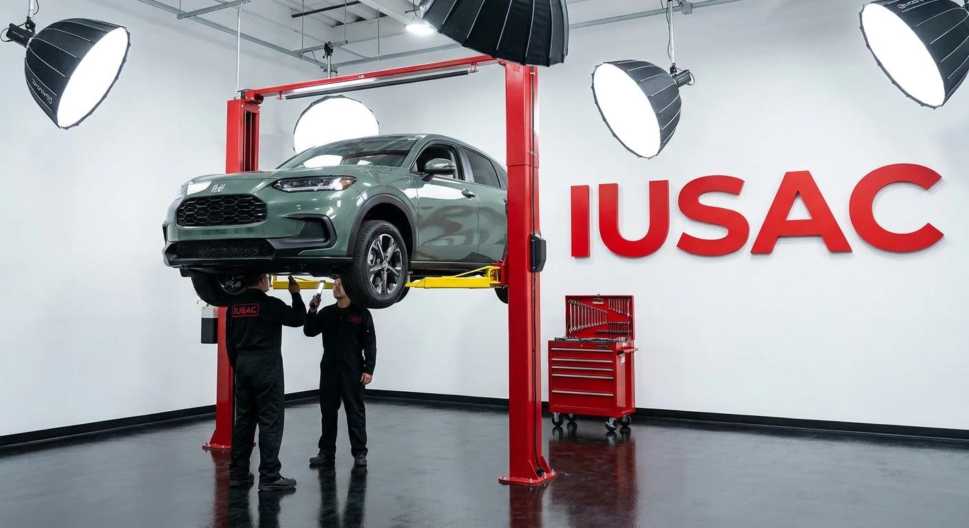 Technicy IUSAC sprawdzający podwozie amerykańskiej Hondy HR-V 2024 na podnośniku