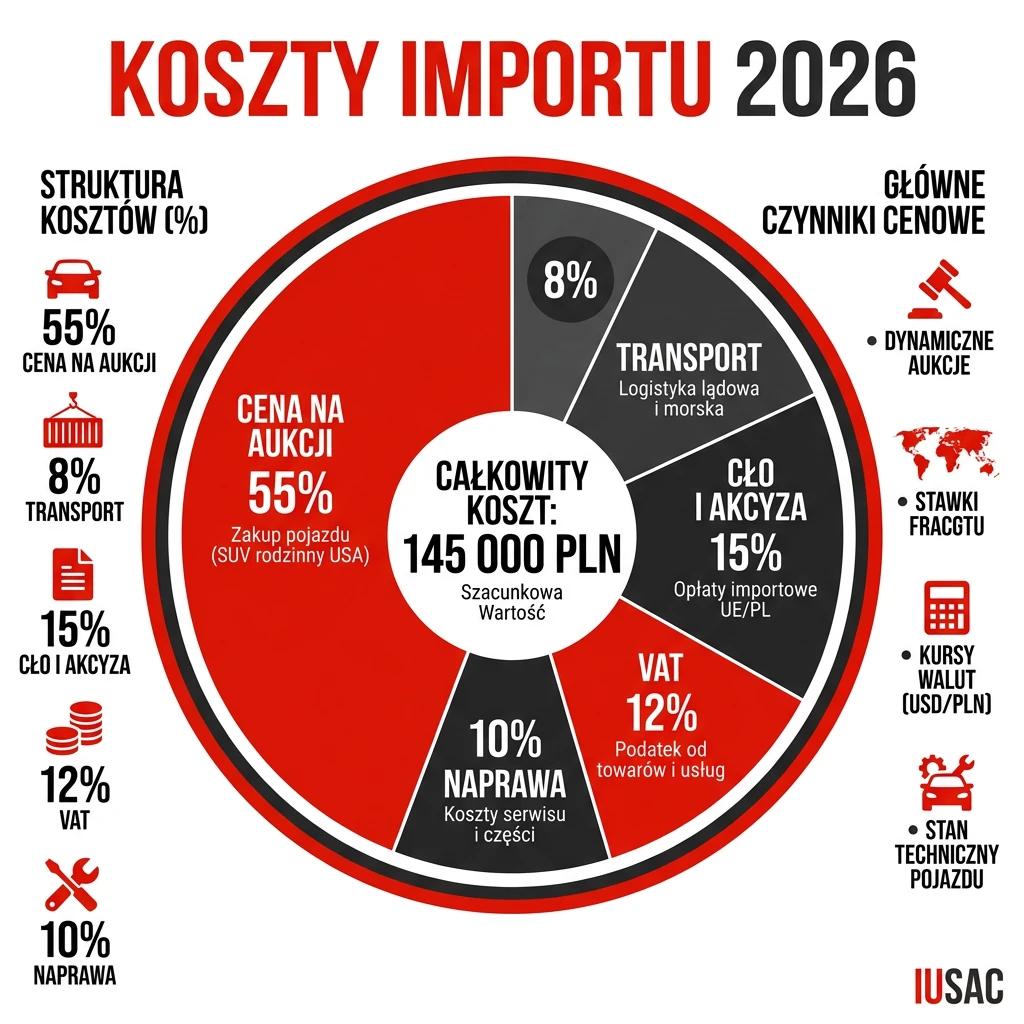 Infografika przedstawiająca szczegółowe koszty importu Hyundai Santa Fe z USA w 2026 roku