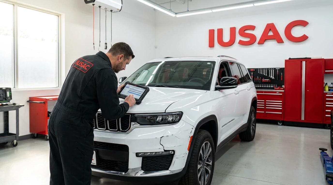 Technik IUSAC diagnozujący uszkodzenia w Jeep Grand Cherokee L przed naprawą powypadkową